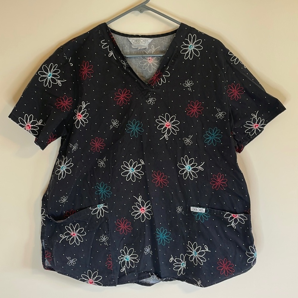 Cherokee Scrubs Womens Large Black with Flower Designs Polka Dot